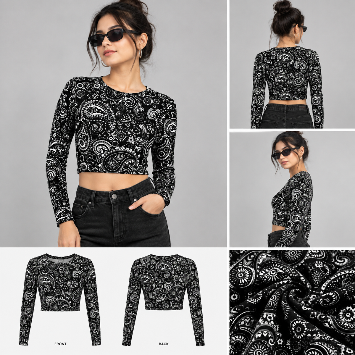 🖤 Black & White Paisley AOP Full-Sleeve Crop Top