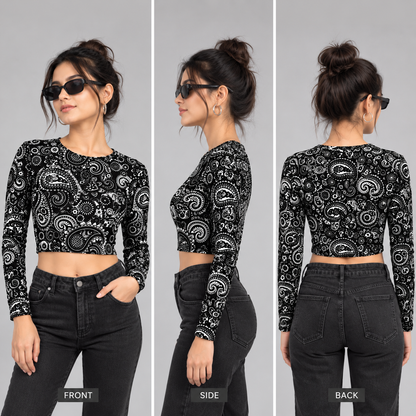 🖤 Black & White Paisley AOP Full-Sleeve Crop Top