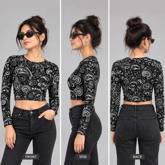 🖤 Black & White Paisley AOP Full-Sleeve Crop Top
