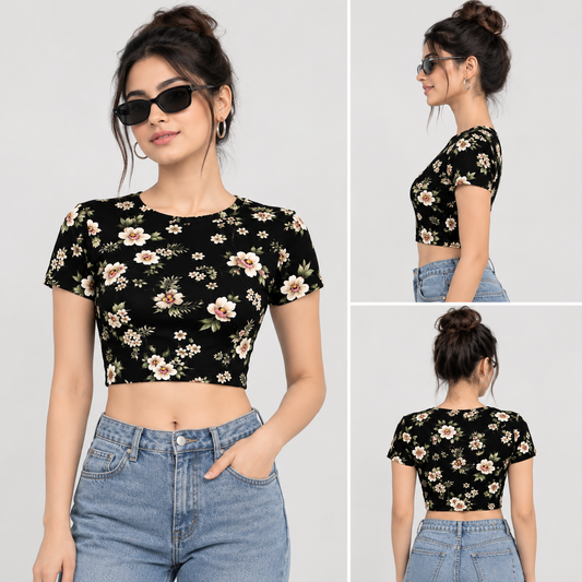 Midnight Bloom - Black Floral Crop Top