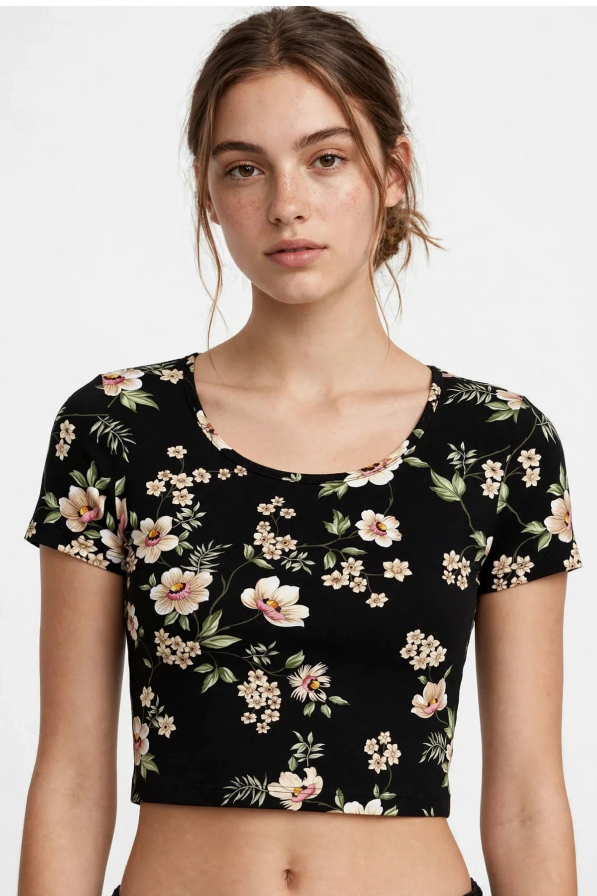 Midnight Bloom - Black Floral Crop Top