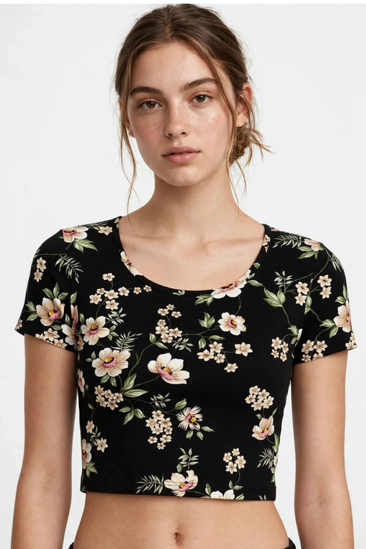 Midnight Bloom - Black Floral Crop Top