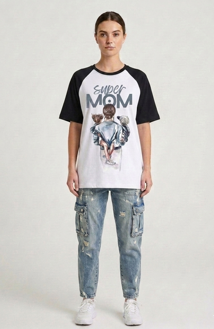 "SUPER MOM" Streetwear Raglan Oversized Tee